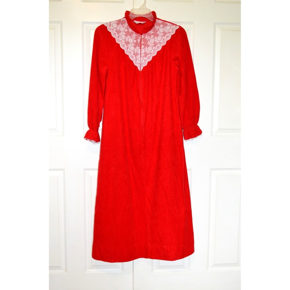 Vintage‎ JC Penney Red 1/2 Zip Long Robe Gown Womens M Lace Accent